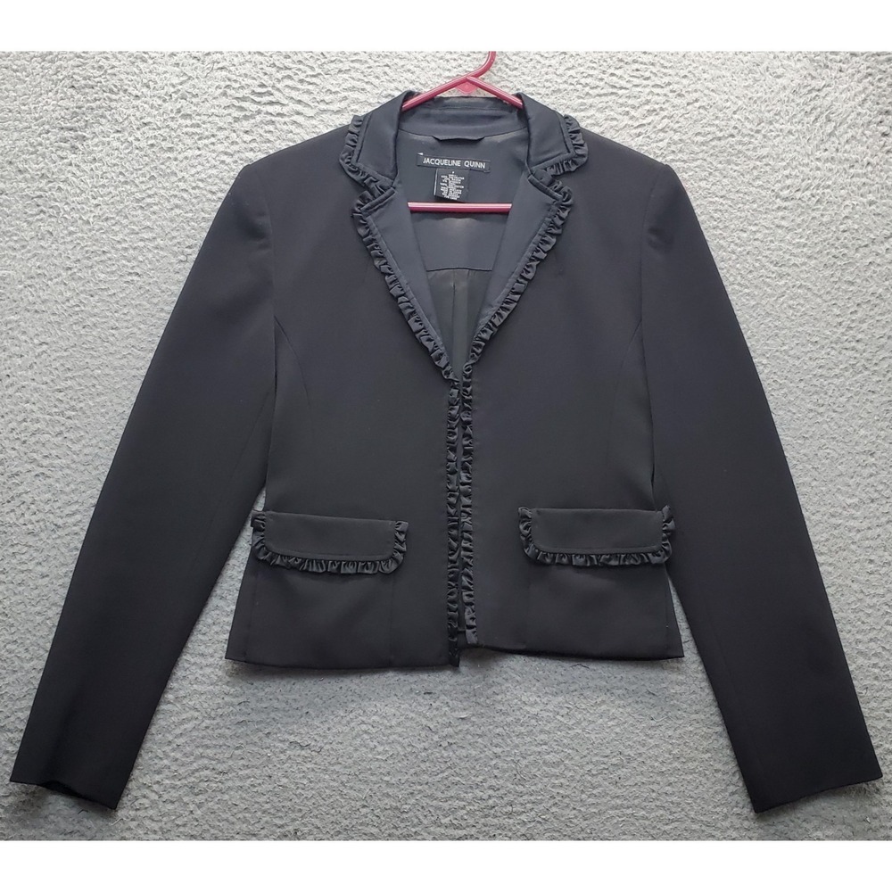 Jacqueline Quinn Blazer Jacket Womens 2 Black Notch Lapel Ruffle Trim Open Front
